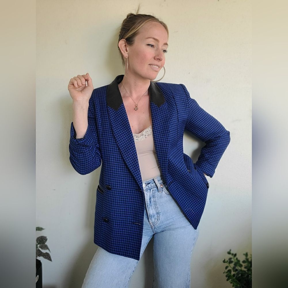 Sebastian Wool + Leather Vintage Houndstooth Blazer S-M - Picture 14 of 15